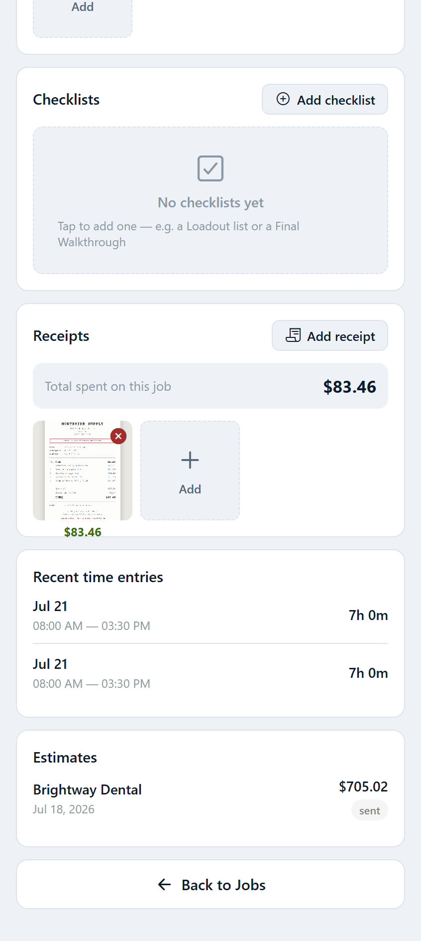Stedley Receipt Capture screen showing a job receipt filed to the job with its amount and vendor